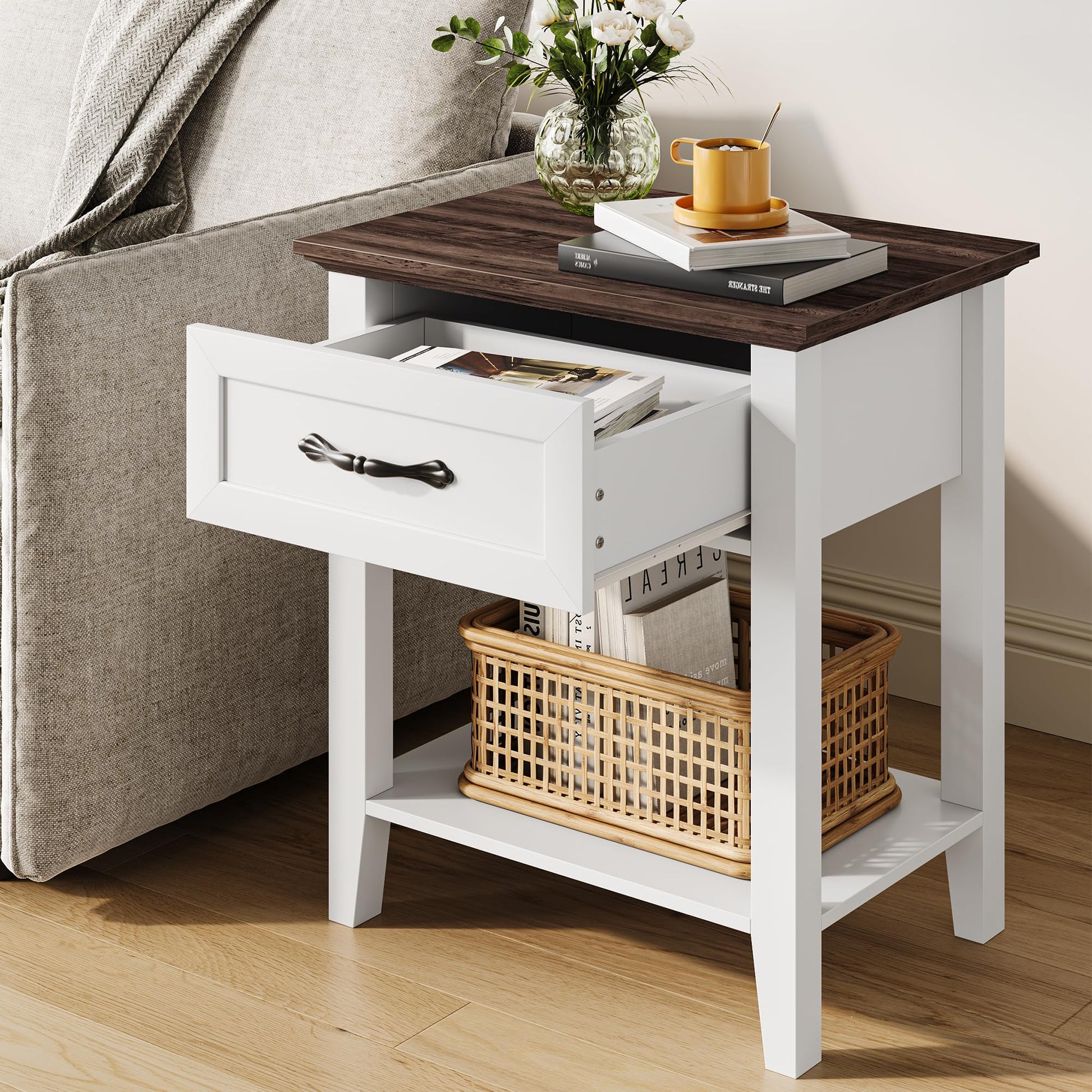 Table de chevet Garvee avec tiroir, 2 niveaux de rangement, bois, blanc, pour chambre et salon, robuste et polyvalente