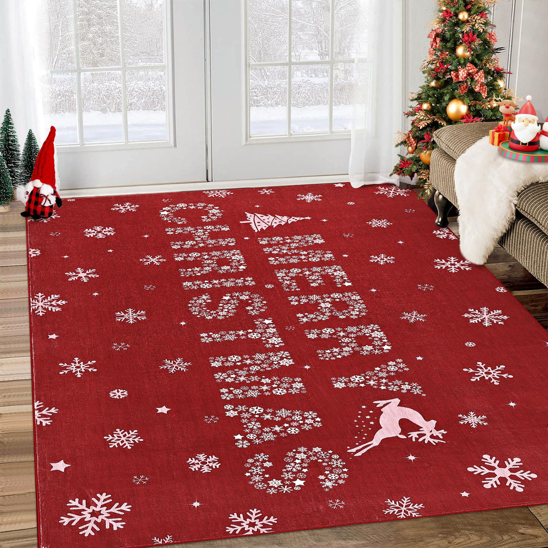 Tapis de salon Garvee, tapis de Noël avec motif élan rouge, lavable et antidérapant, pour chambre, cuisine, salle à manger ou bureau, 160 x 230 cm