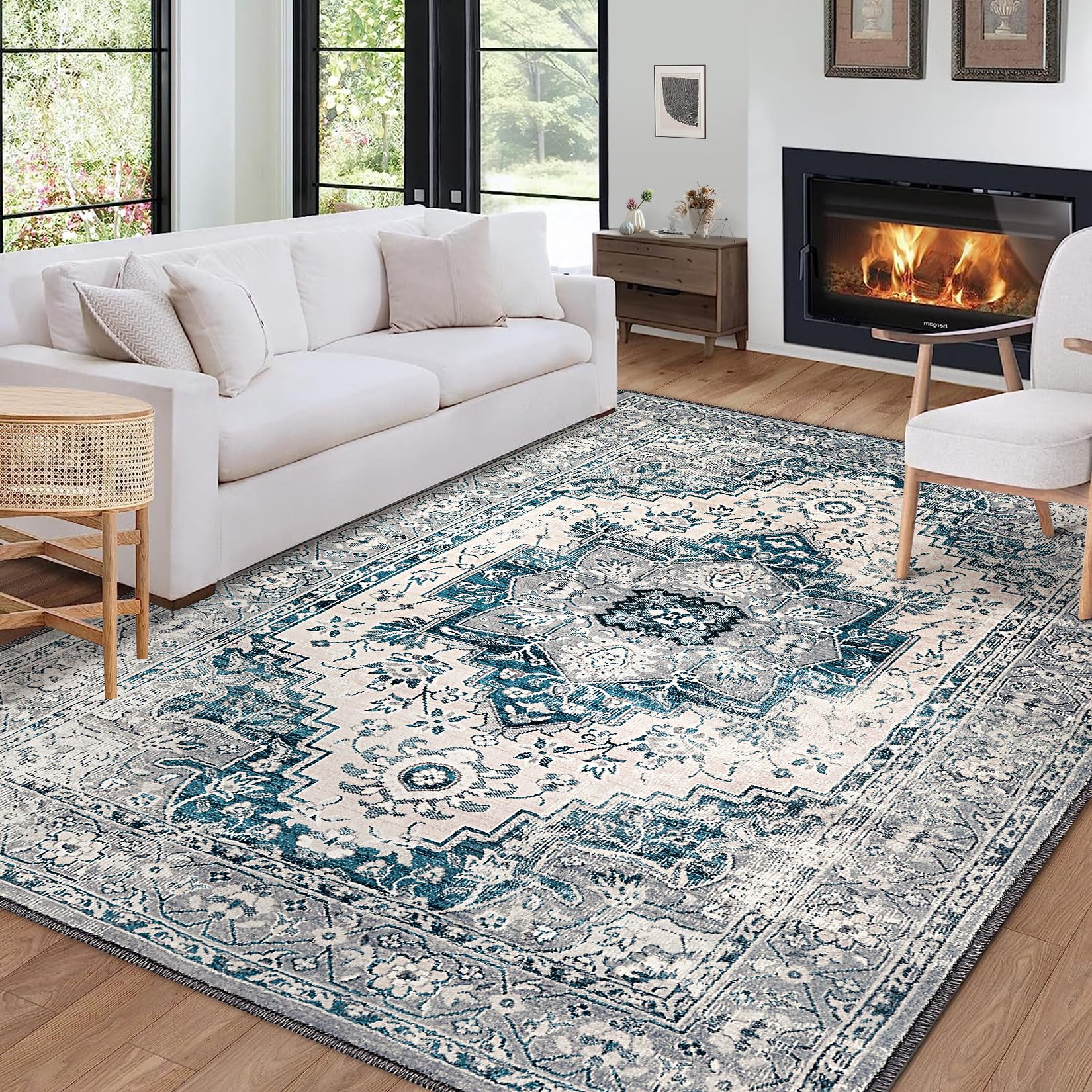 Tapis décoratif lavable Garvee, à poils courts, bleu-gris, 120 x 170 cm, pour chambre, salon, salle à manger, entrée