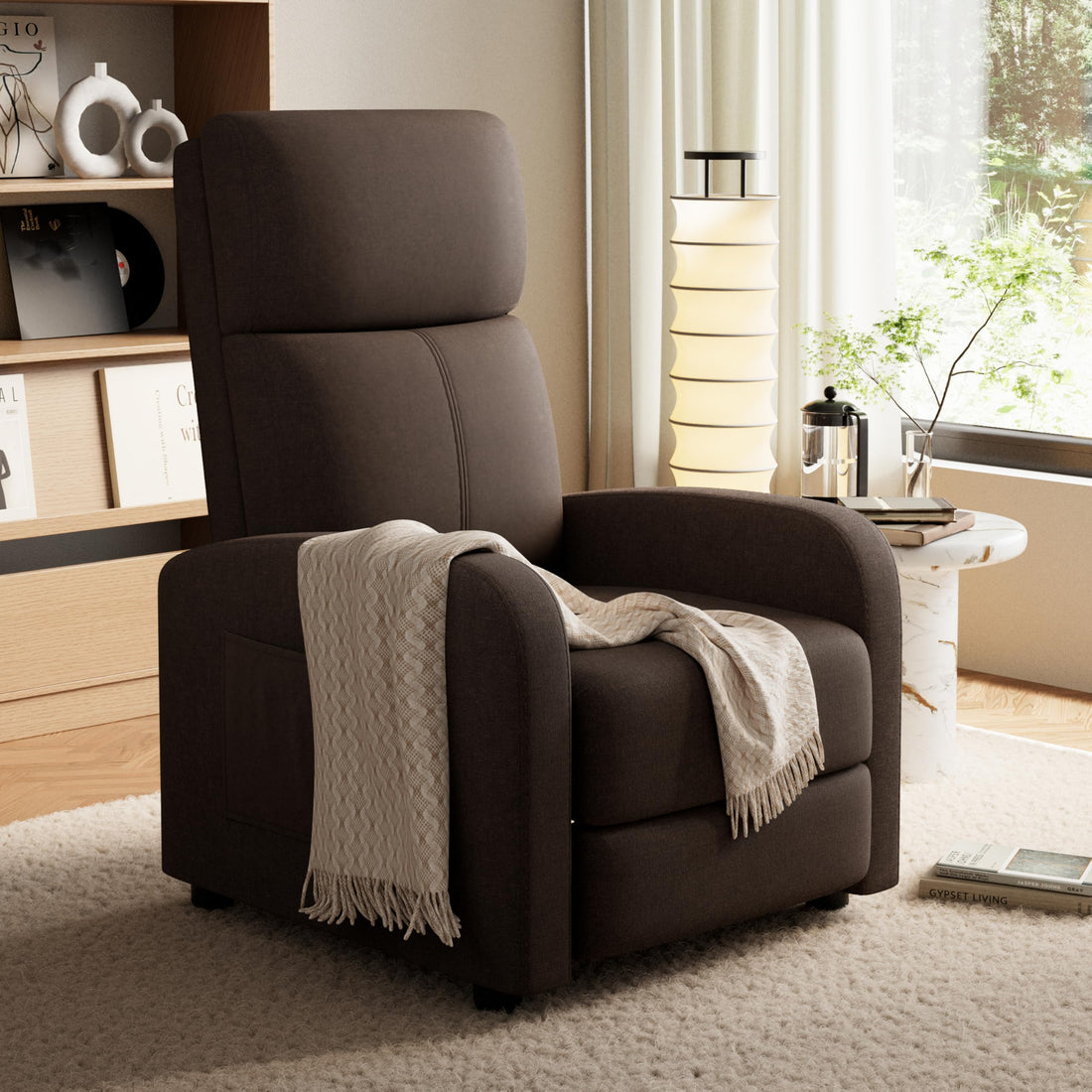 Garvee Fauteuil inclinable pour adulte, ergonomique et réglable, avec poche latérale, canapé de salon/home cinéma, dossier haut et assise rembourrée, marron