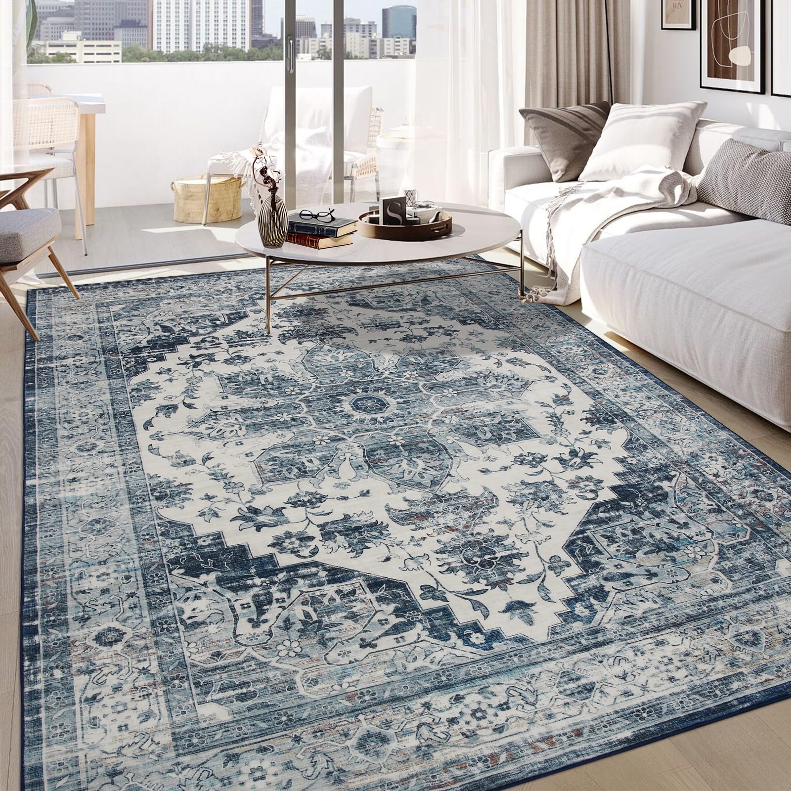 Tapis oriental vintage Garvee, lavable, antidérapant, velours de haute qualité, bleu, 160 x 230 cm, salon, bureau