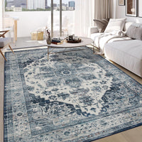 Tapis oriental vintage Garvee, antidérapant, antitache, à poils courts et doux, lavable, base en latex TPR, bleu, 120 x 170 cm, salon, bureau