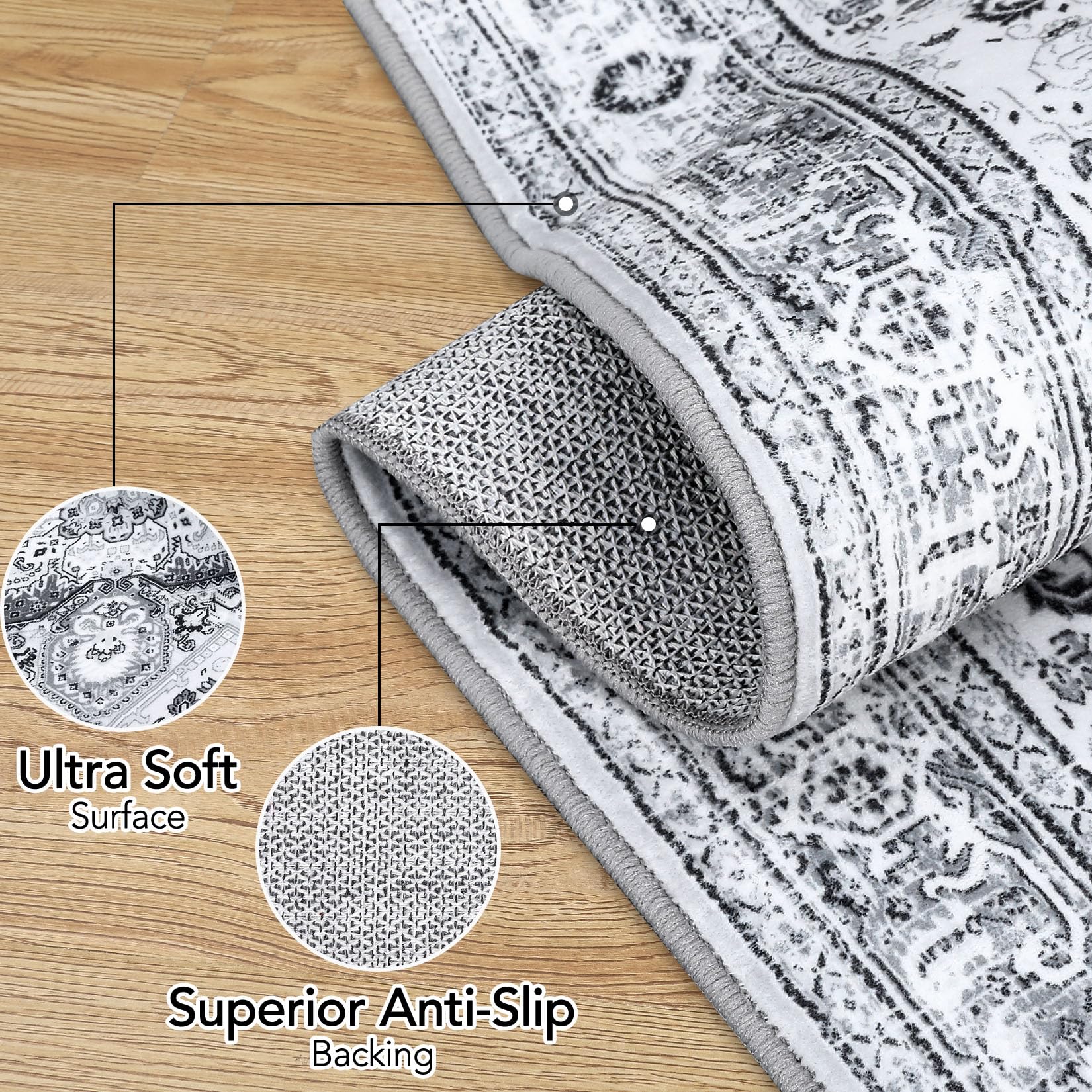 Tapis Garvee style bohème vintage, lavable en machine, antidérapant, gris, 120 x 170 cm, salon, chambre