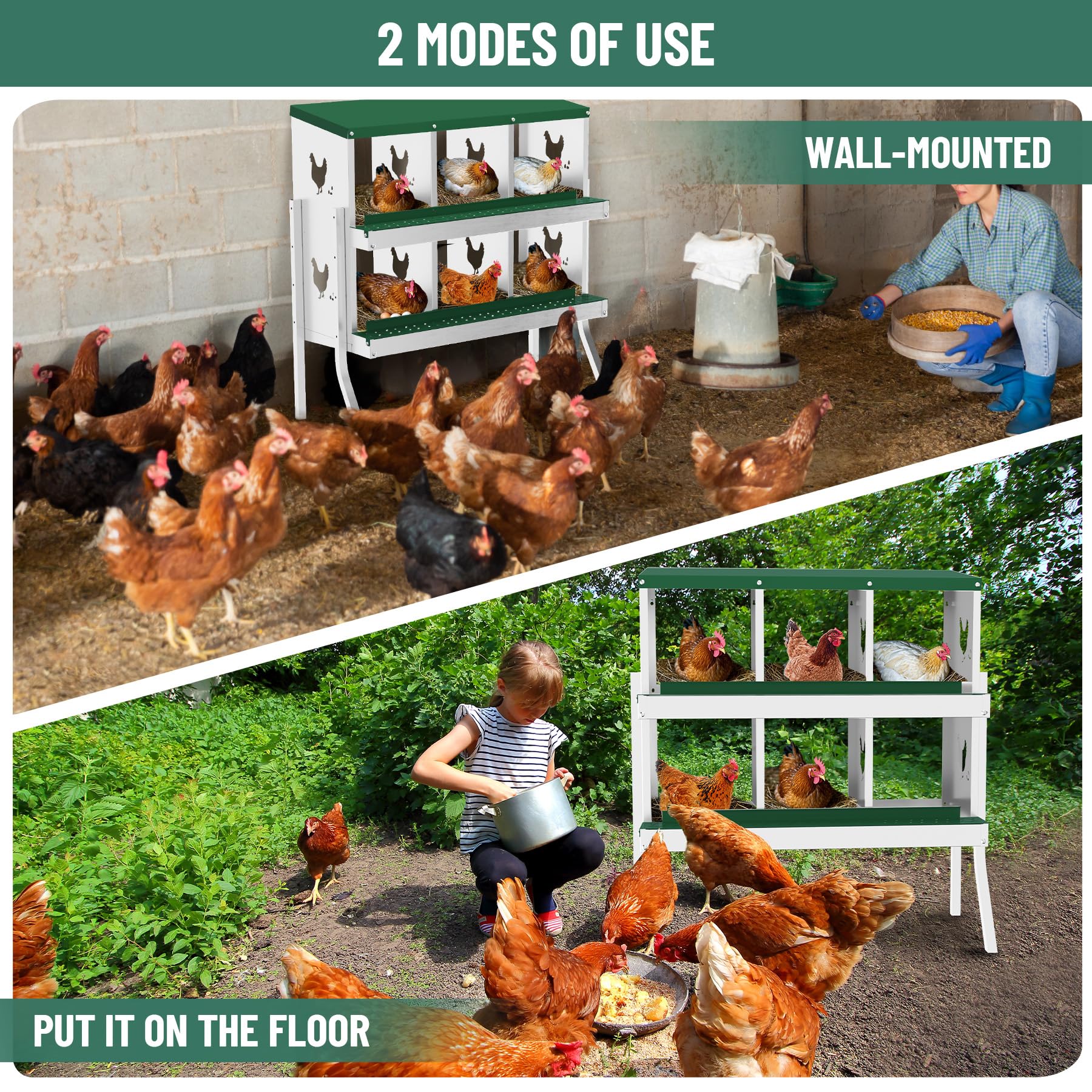 Garvee pondoir pour poules à 6 compartiments avec support métallique, acier galvanisé de 0,7 mm, idéal pour poulaillers, fermes et basses-cours, vert