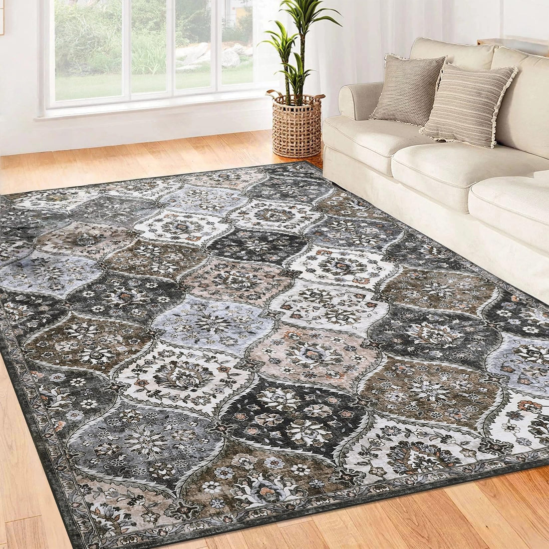 Tapis Garvee lavable vintage 120x170cm pliable à poils courts pour intérieur, salon, bureau, chambre d'enfant, gris-brun
