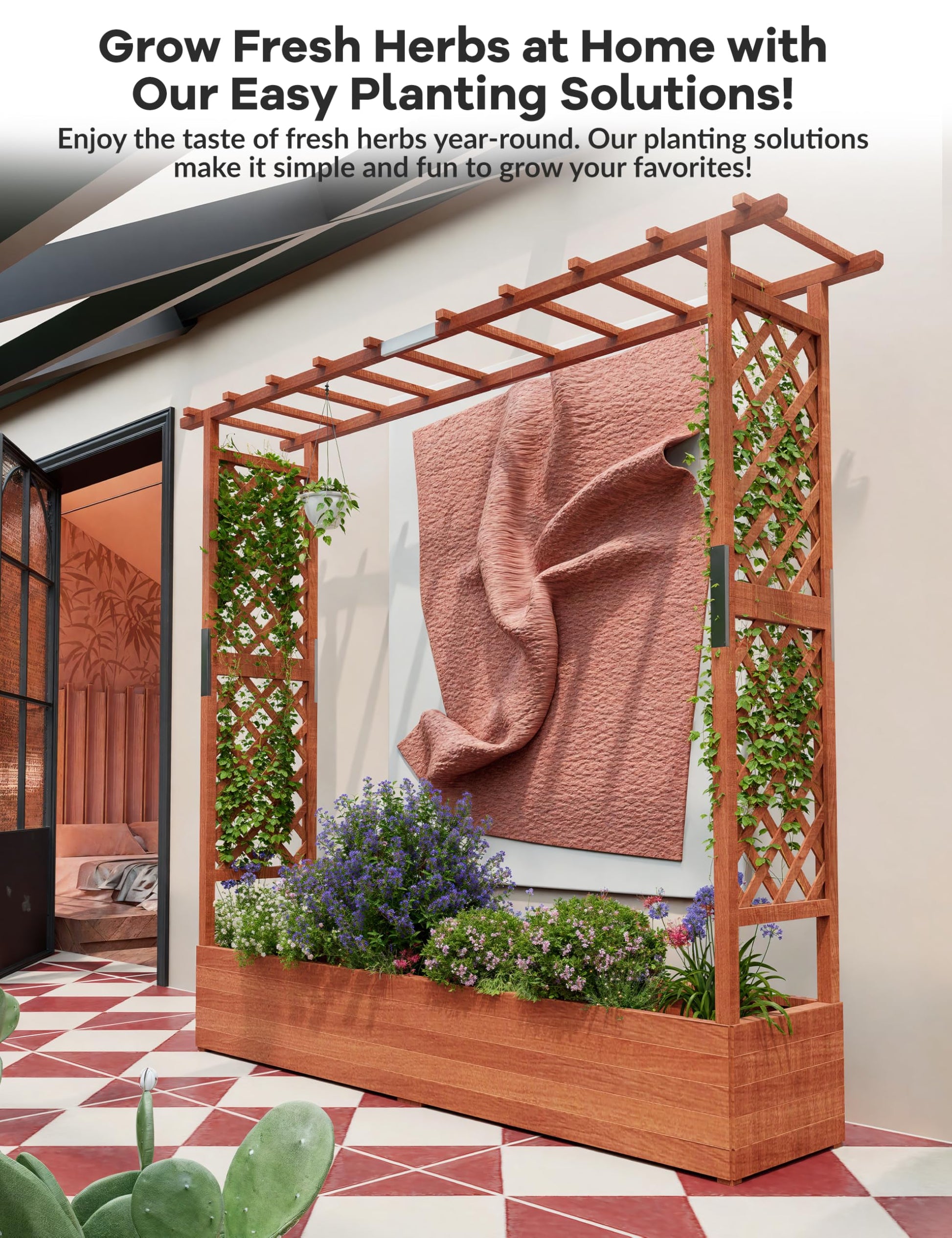 Garvee Jardinière surélevée avec treillis, bac à fleurs en bois de 183 cm (182,9 cm), toit suspendu, tous temps pour terrasse et balcon