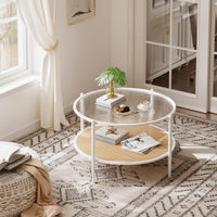 Table basse Garvee en rotin de 76 cm (30 po) avec structure en métal et plateau en verre résistant à la chaleur, idéale pour le salon et le bureau, blanche, 76 cm (30 po)