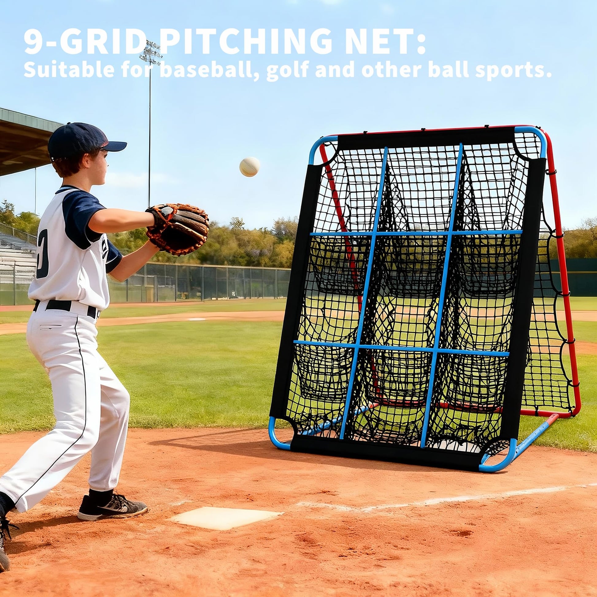 Filet de rebond Garvee pour le baseball, avec 9 poches, pliable et stable, idéal pour l'entraînement en extérieur et en intérieur, ainsi que pour le football et le volley-ball.