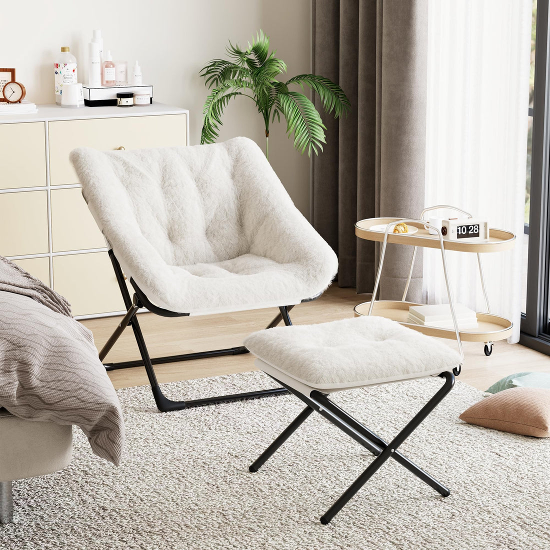 Garvee Fauteuil lounge surdimensionné en fausse fourrure pour adulte, pliable, structure en métal, confort pour le salon et la chambre, beige