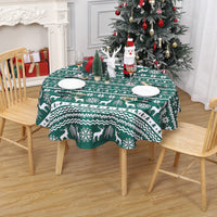 Nappe de Noël ronde Garvee 152 cm, verte, déperlante et antitache, 100 % polyester, motif flocons de neige et rennes, idéale pour les fêtes de Noël et la maison.
