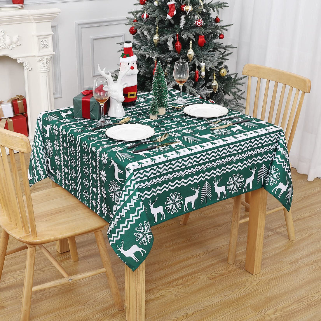 Nappe de Noël Garvee, carrée, 132 x 132 cm, imperméable, antitache, polyester, motif flocons de neige et rennes, décoration de table pour les fêtes de Noël