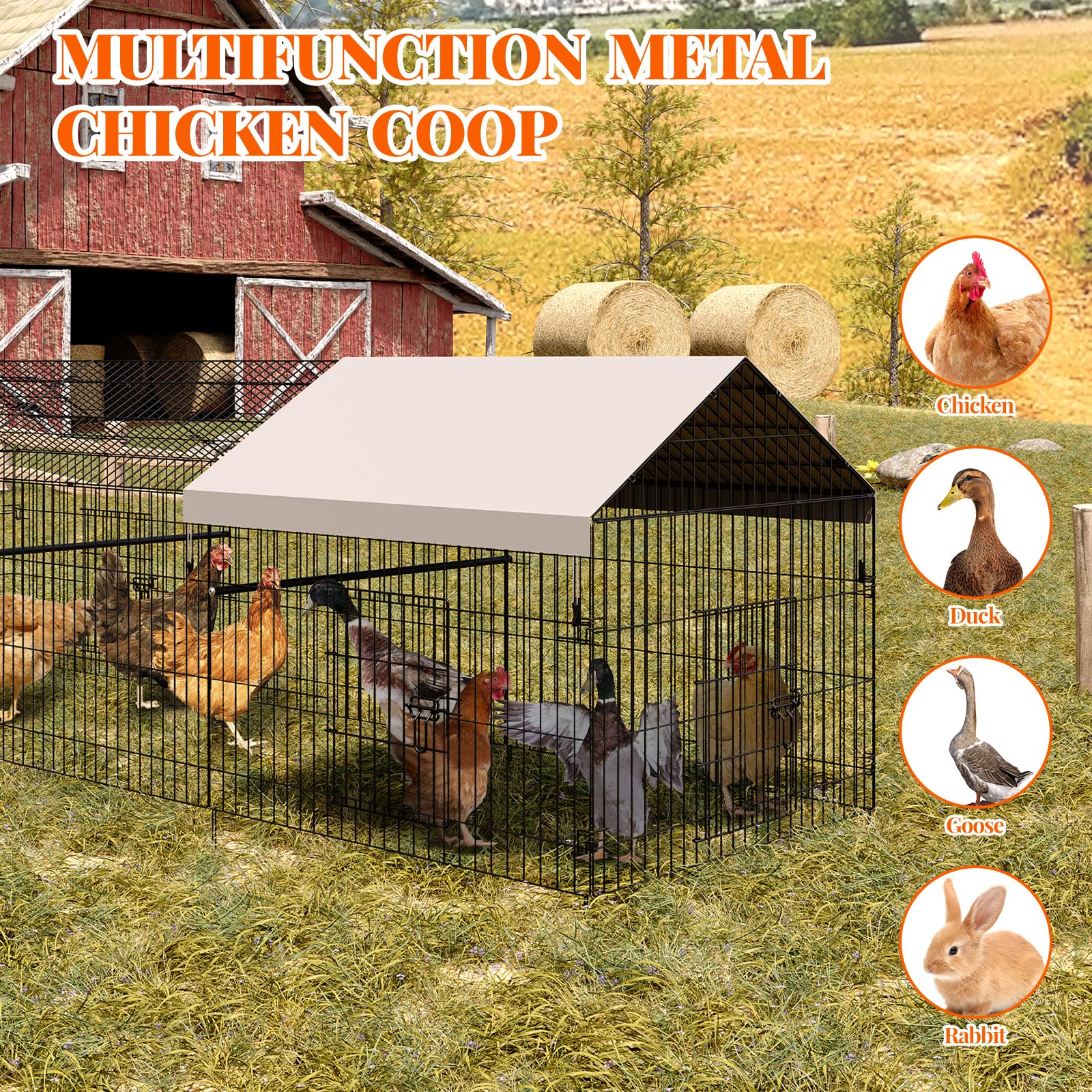 Poulailler Garvee 100x330x100cm – Acier galvanisé avec 3 compartiments et 4 portes pour poules et lapins