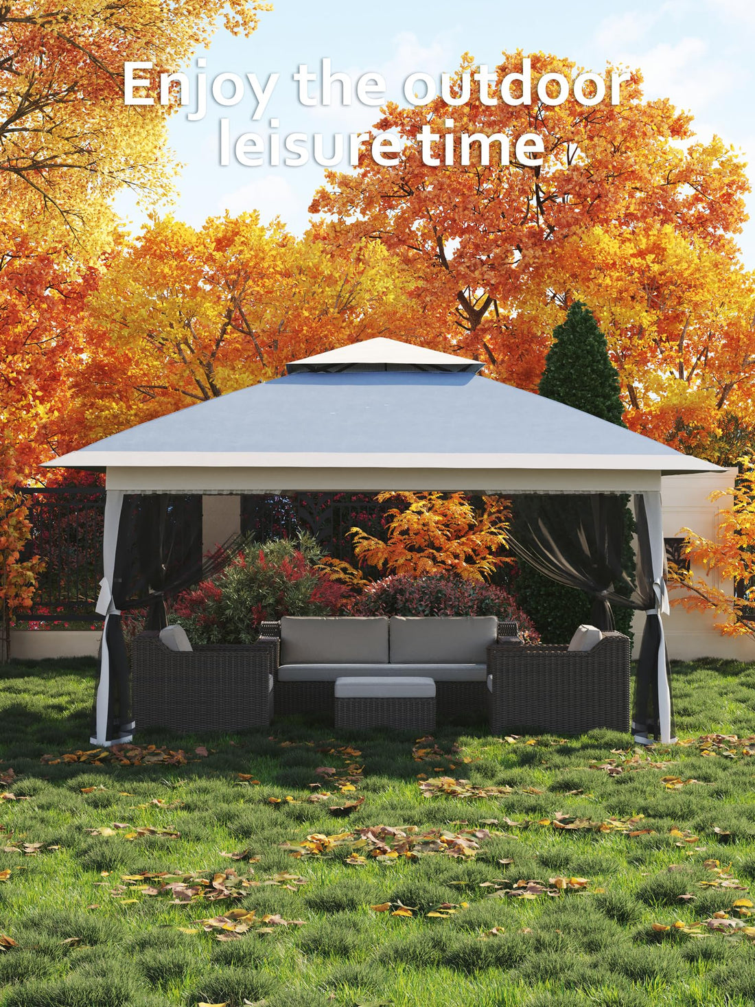 Garvee Tonnelle pop-up 396 × 396 cm avec moustiquaire, imperméable et anti-UV, structure métallique robuste, toile Oxford 150D, pour jardin et camping, bleue