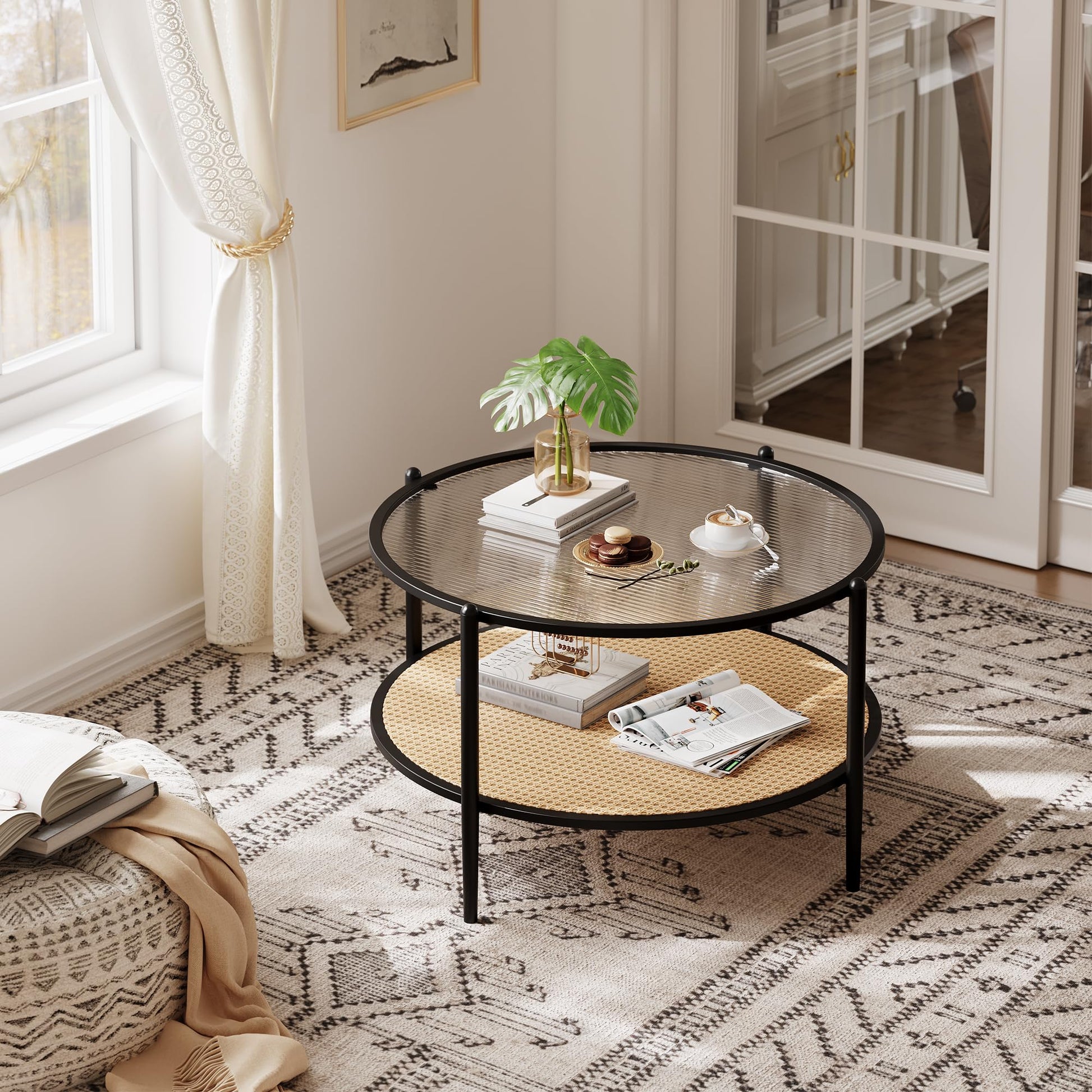 Table basse Garvee 30" en rotin à 2 niveaux, structure en métal, plateau en verre effet vague, noir, pour salon et bureau, 30"