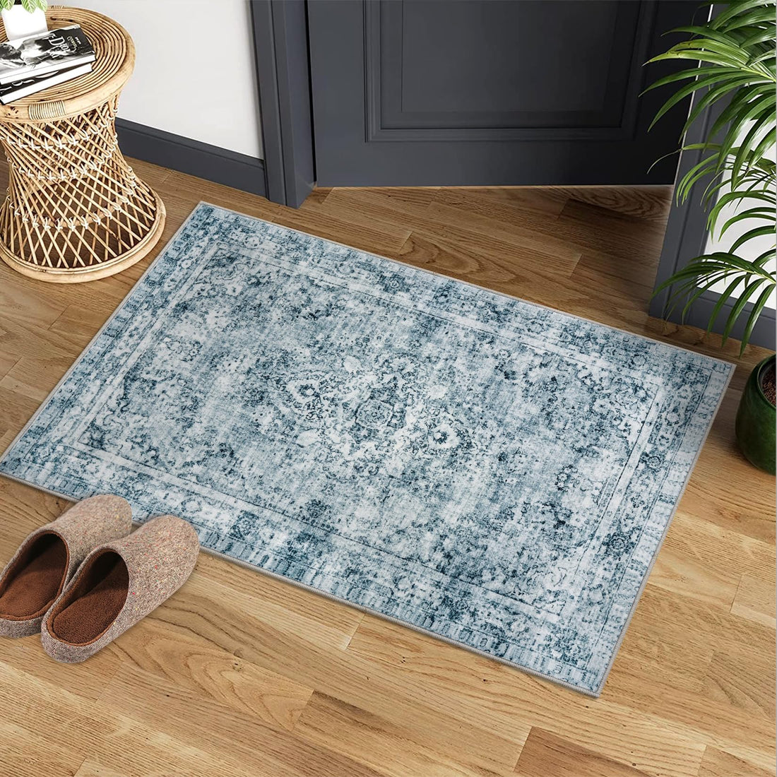 Tapis Garvee à poils courts, style bohème vintage, pour salon ou chambre, lavable, antidérapant, en polyester, 200 x 290 cm, bleu