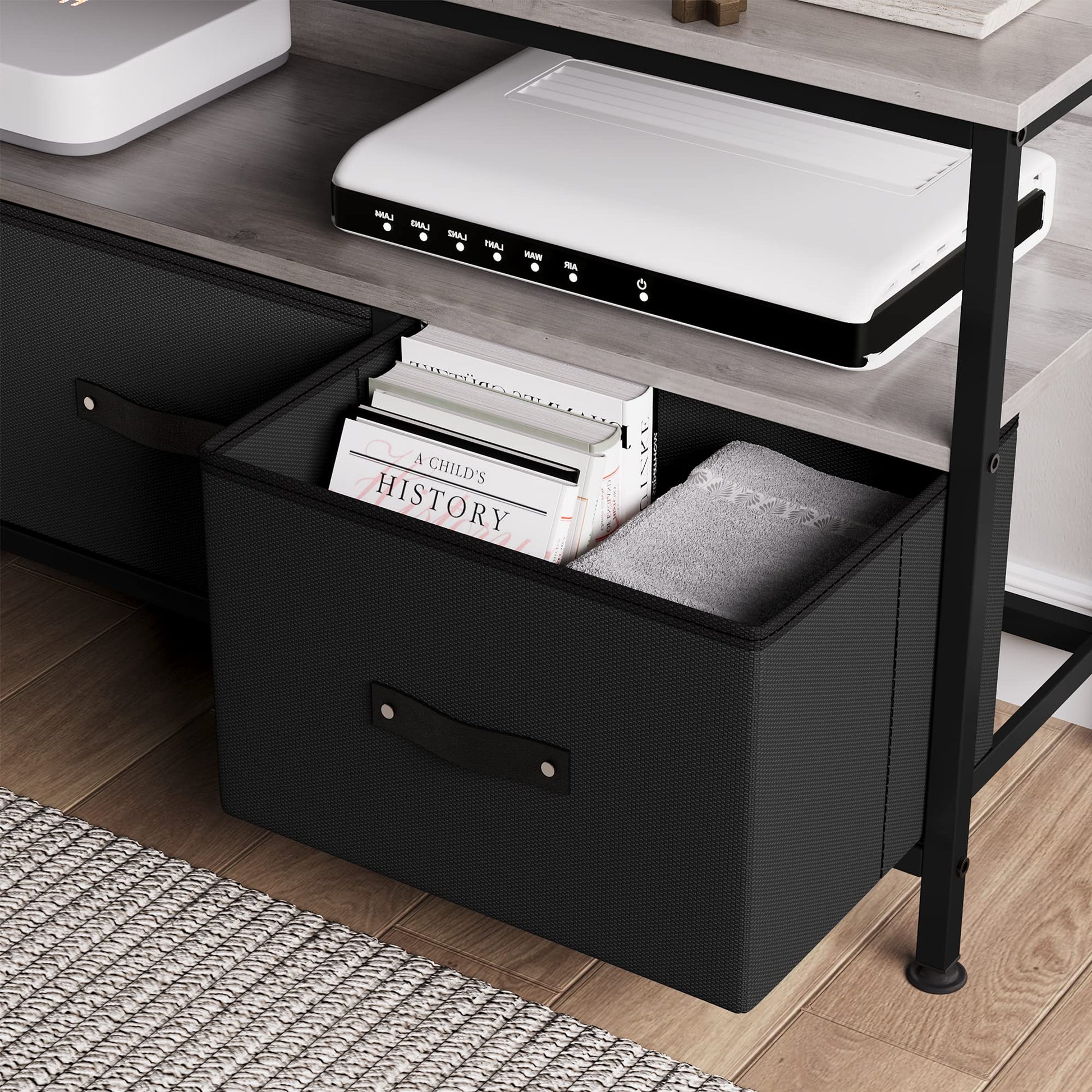 Garvee Commode/meuble TV 140 cm avec tiroirs en tissu et pieds réglables pour salon et chambre, gris, en bois MDF robuste