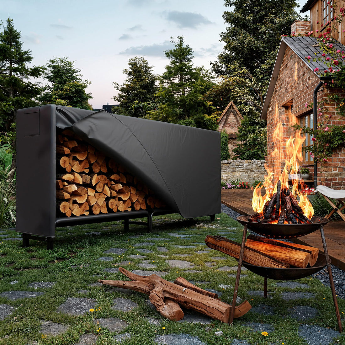Range-bûches Garvee avec housse 244 x 34 x 110 cm, tissu Oxford imperméable, noir, pour jardin et terrasse