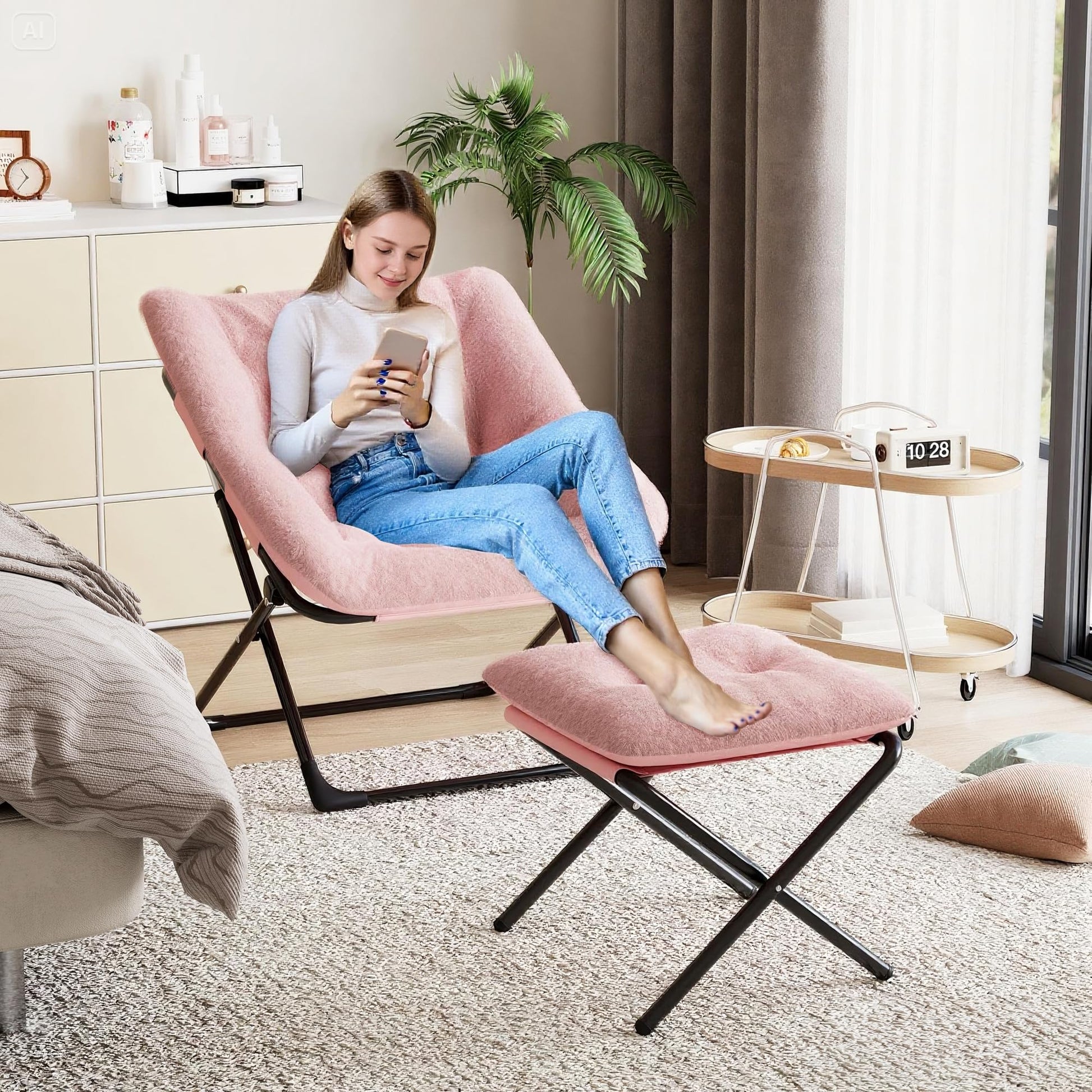 Fauteuil lounge Garvee Comfy Chair XL, en fausse fourrure, pliable, avec structure en métal et base antidérapante, idéal pour le salon et la chambre, gris.