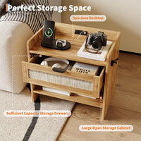 Table de chevet Garvee en rotin avec chargeur USB-C, 1 tiroir, compartiment ouvert, idéale pour la chambre et le bureau, en bois robuste, 60 x 39 x 56 cm, marron
