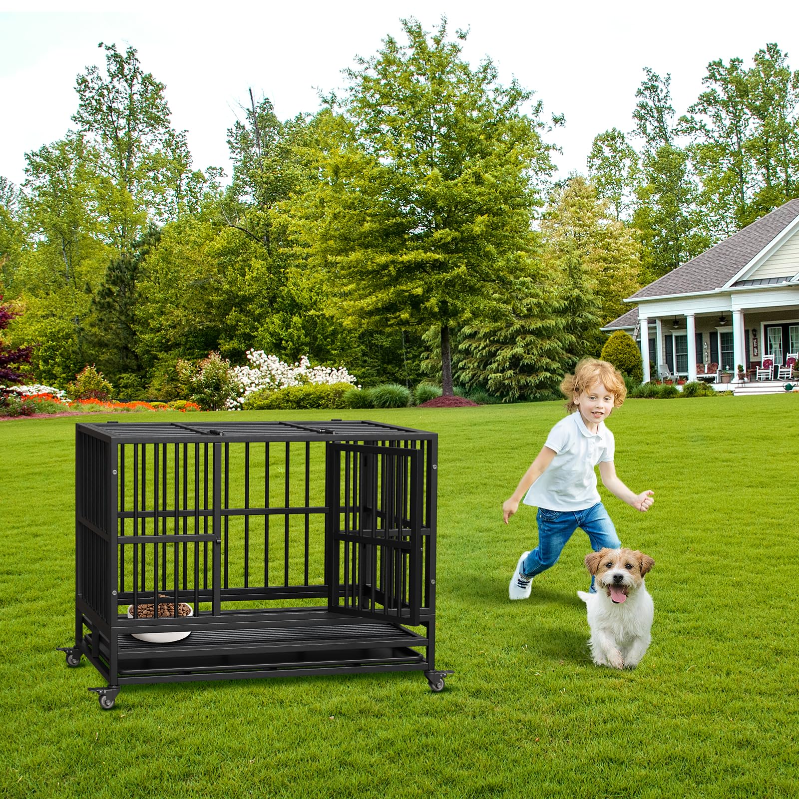 Cage de transport robuste Garvee pour chien, 94 cm (37 pouces), avec double porte, roulettes pivotantes à 360°, en métal, pliable, pour chiens de petite et grande taille, usage intérieur.