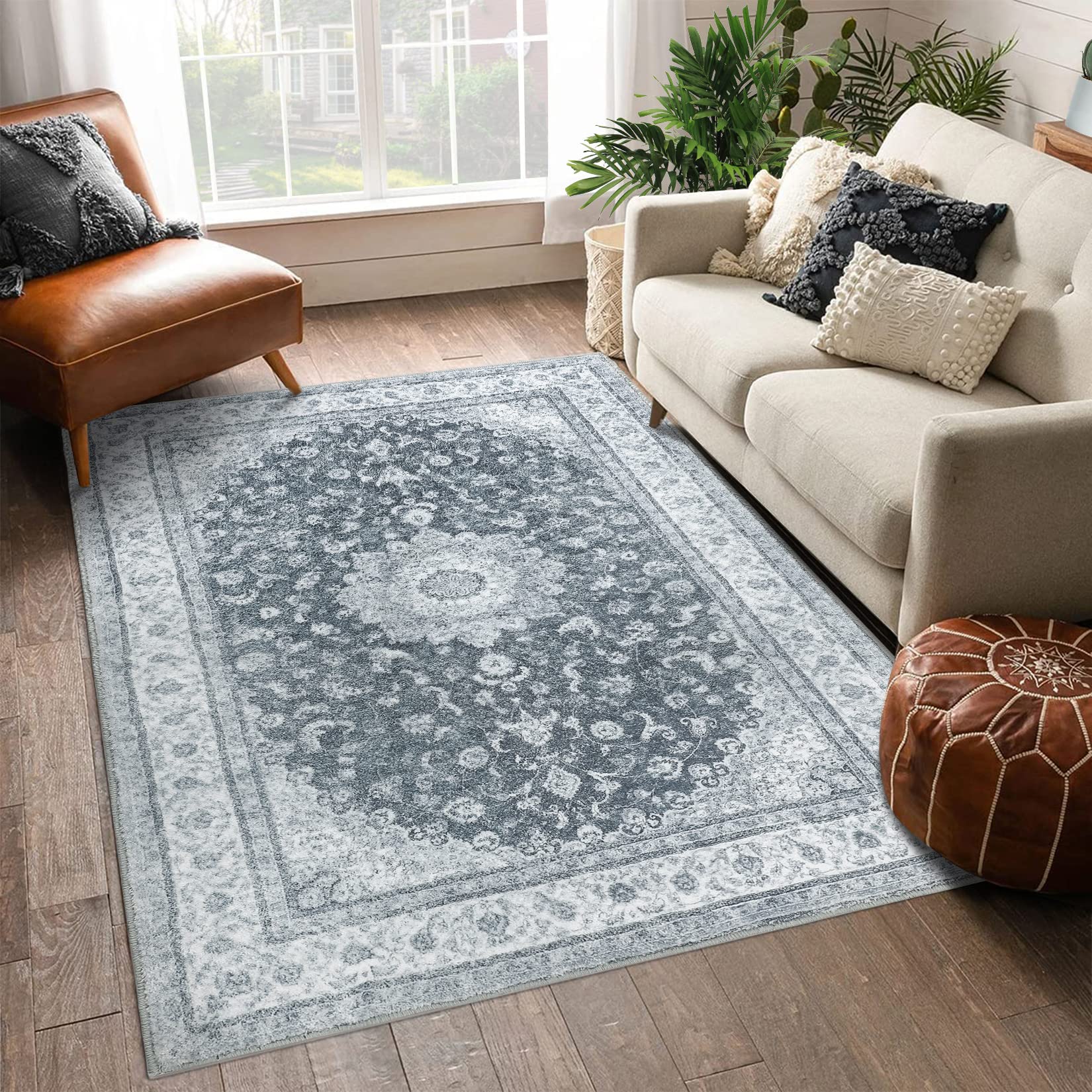Tapis GARVEE Perzisch Vintage Gris Foncé 140x200 cm Pour salon, chambre et cuisine, résistant aux taches et antidérapant