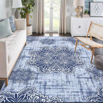 Tapis GARVEE à motif floral vintage 200x290cm bleu | Lavable en machine, antidérapant et antitache | Tapis à poils courts pour salon