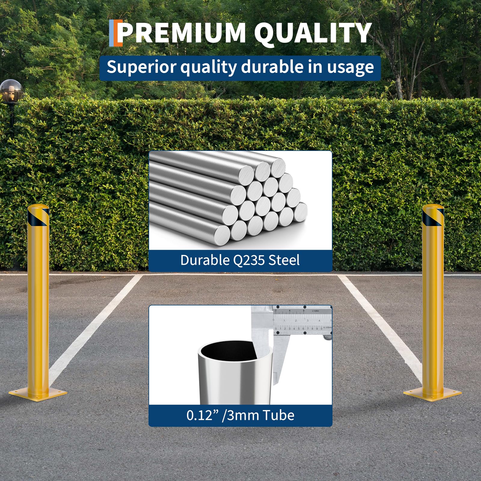 Boules de sécurité en acier renforcé Garvee, 107 cm (42 pouces), diamètre 11,4 cm (4,5 pouces), poteaux amovibles pour entrepôt et parking, bande réfléchissante, boulons d'ancrage, robustes et résistantes aux intempéries