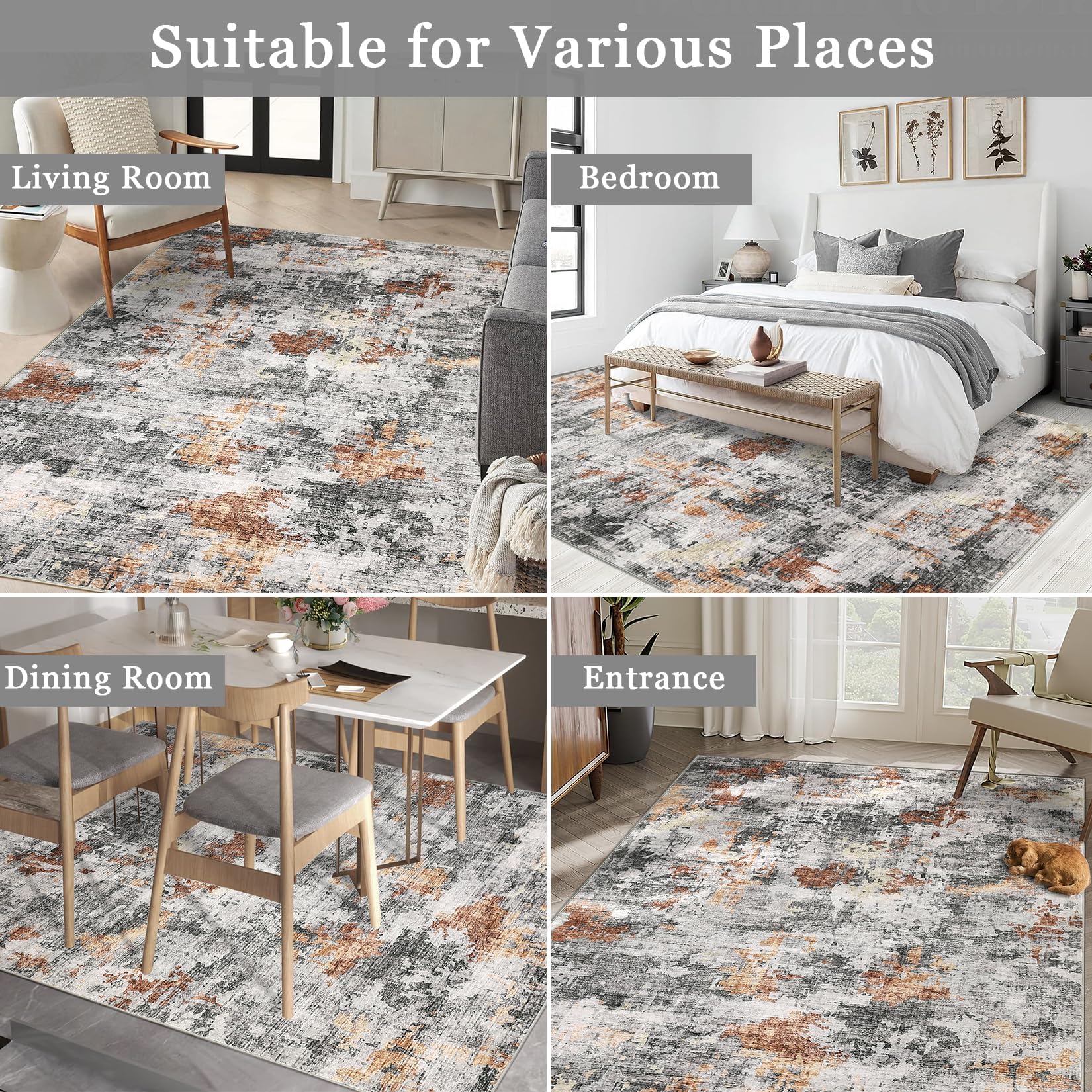 Tapis lavable Garvee Easy-Care gris-orange 160 x 230 cm pour salon, chambre, salle à manger, couloir, cuisine. Antidérapant, doux et pliable.