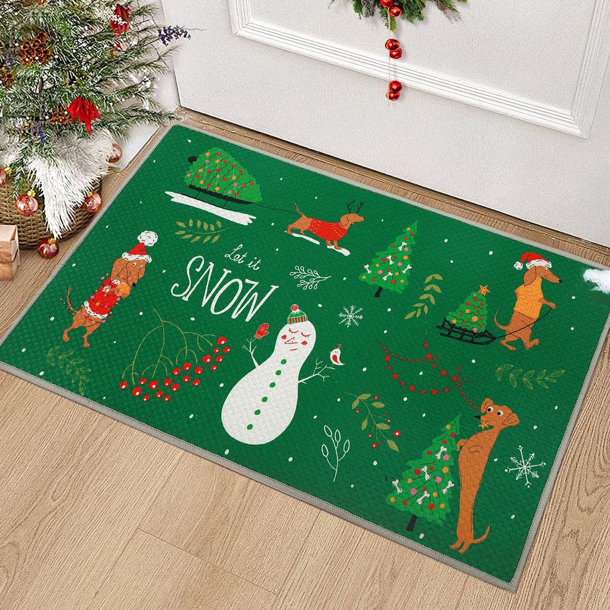 Garvee Paillasson de Noël antidérapant, aspect lin, tapis de bienvenue pour l'extérieur, 40 x 60 cm, vert