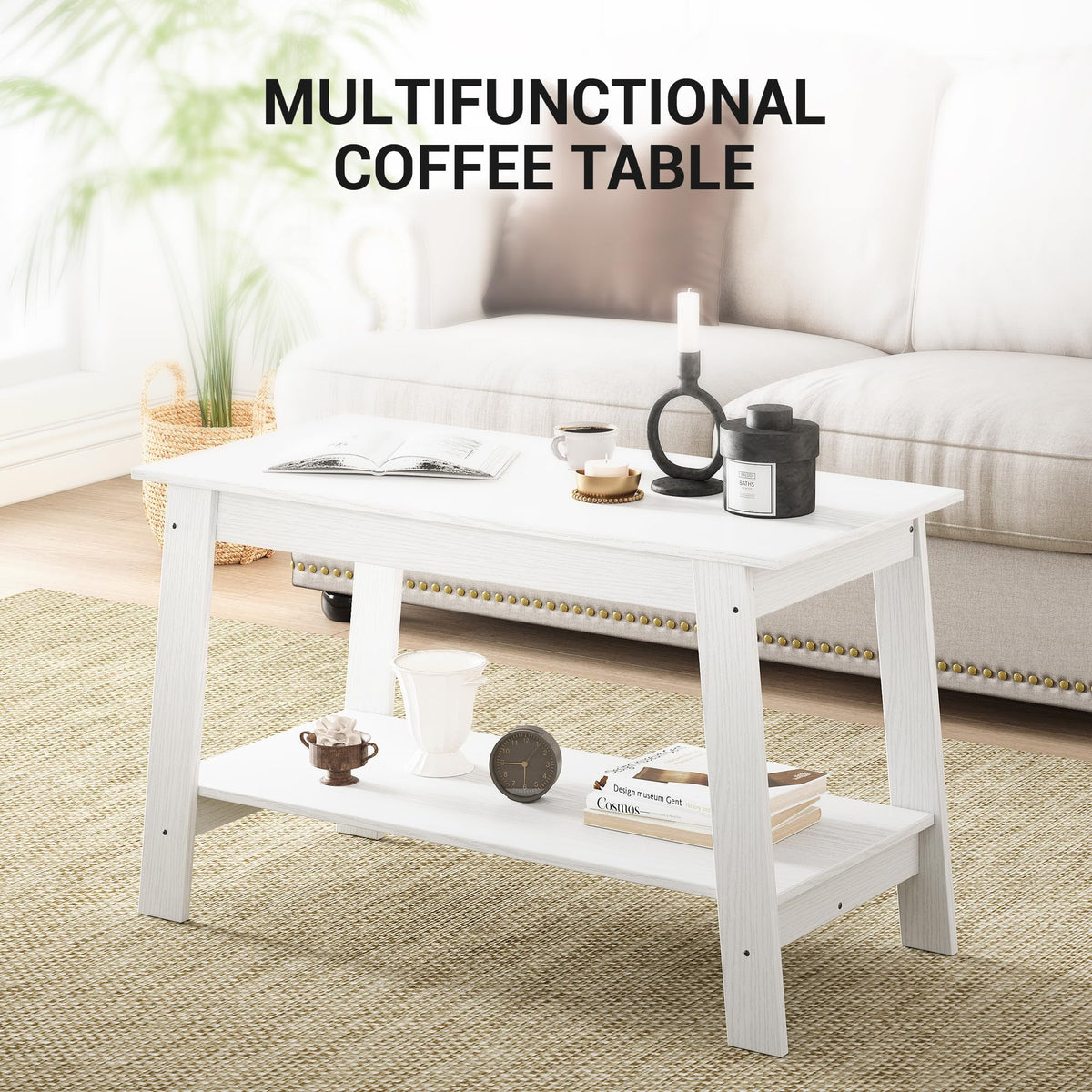 Garvee table basse 80 cm, style rustique moderne, 2 niveaux, bois blanc, rectangulaire, idéale pour salon, bureau ou chambre