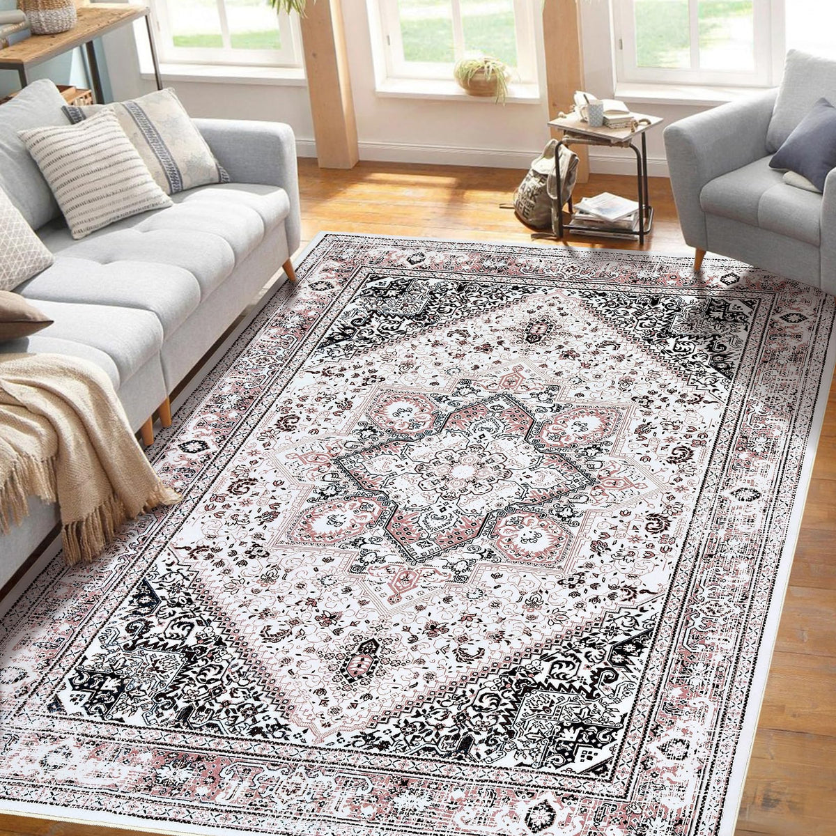 Tapis vintage GARVEE 160x230cm Chenille léger et pliable, imprimé multicolore, fin, pour salon, chambre ou salle à manger