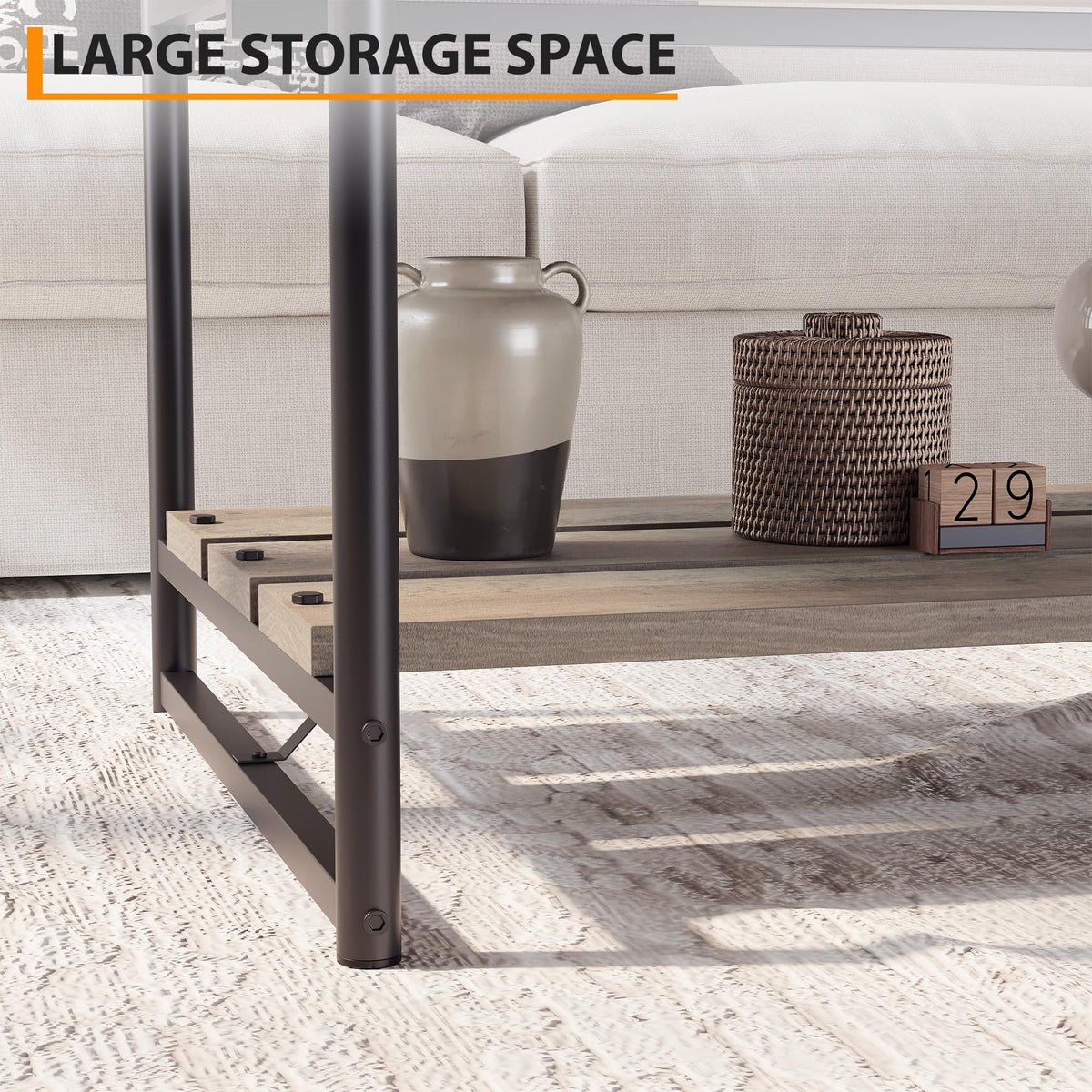 Garvee table basse de ferme à 2 niveaux 41'' en bois gris avec rangement et structure en métal pour le salon et le bureau, style rustique-moderne