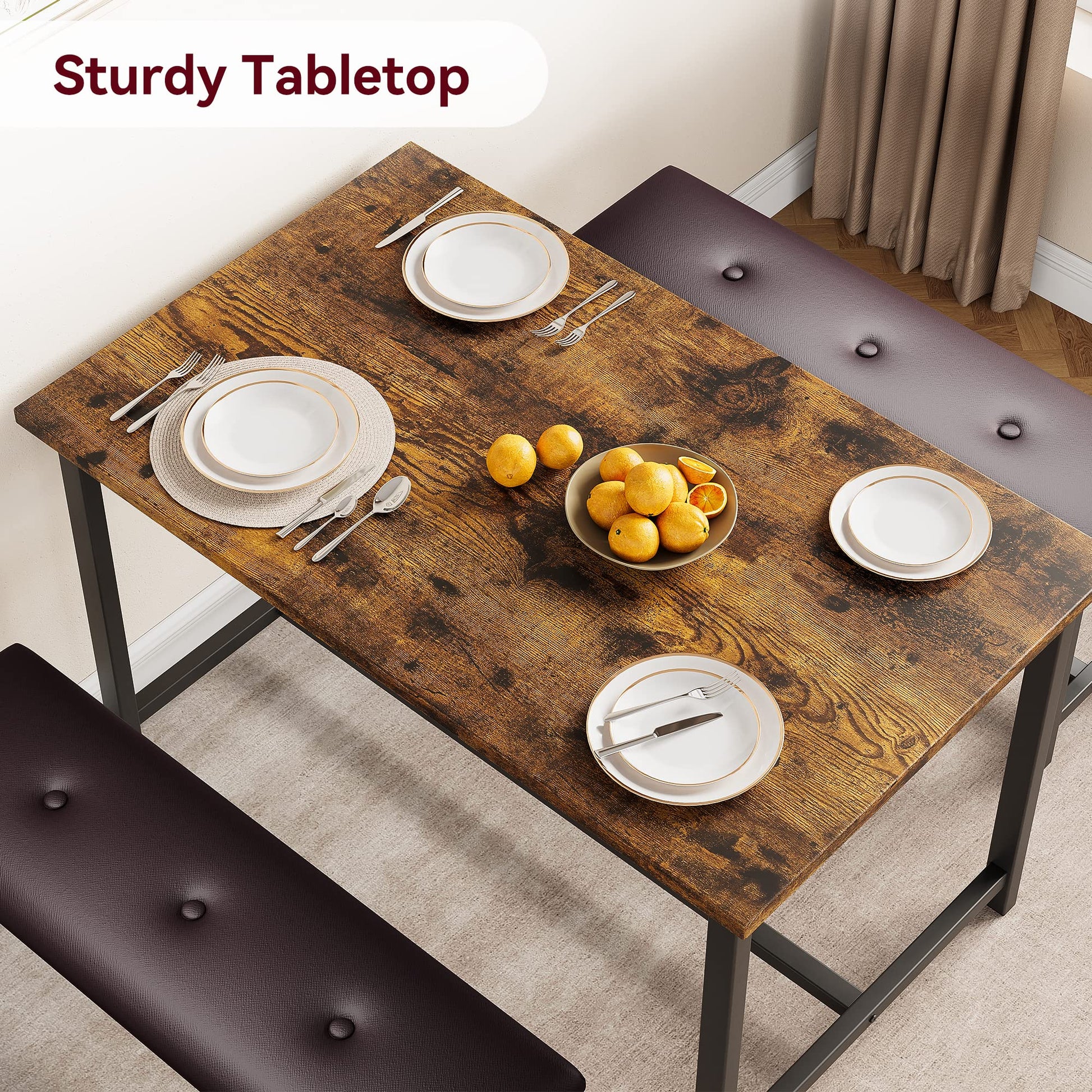 Ensemble table et chaises Garvee pour 4 personnes avec 2 banquettes rembourrées, rectangulaire, robuste en MDF et acier, gain de place, imperméable, idéal pour les petites pièces