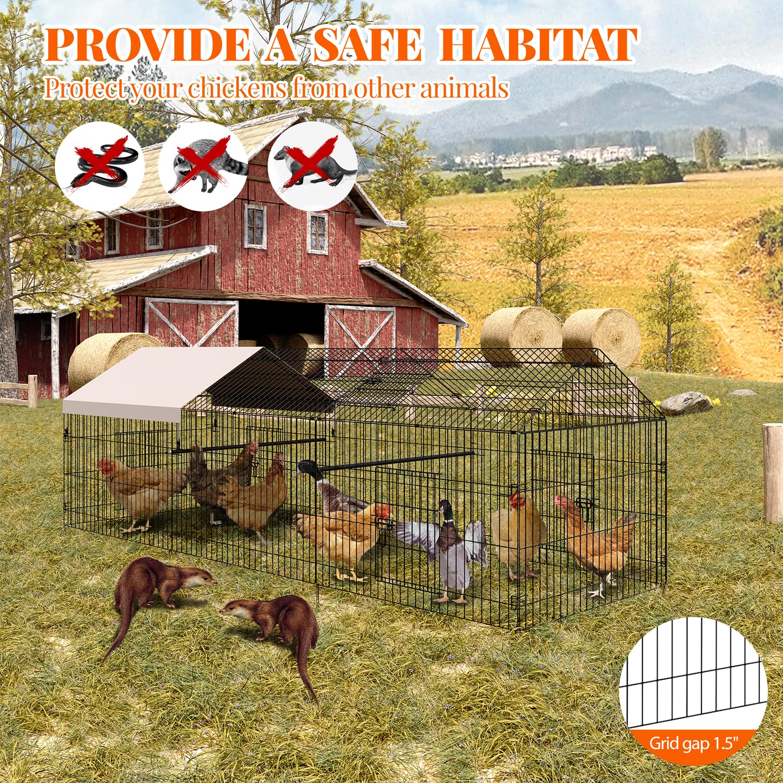 Poulailler Garvee 100x330x100cm – Acier galvanisé avec 3 compartiments et 4 portes pour poules et lapins