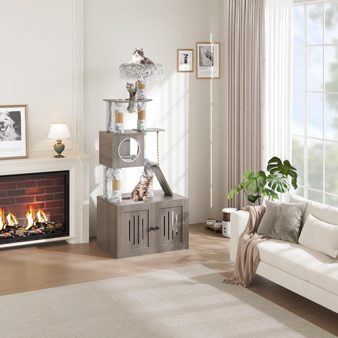 Arbre à chat Garvee 170 cm avec bac à litière et hamac, conception multi-niveaux, panneaux en bois haute densité, mobilier de salon moderne, coussins lavables, blanc