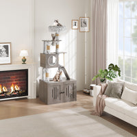 Arbre à chat Garvee 170 cm avec bac à litière et hamac, conception multi-niveaux, panneaux en bois haute densité, mobilier de salon moderne, coussins lavables, blanc