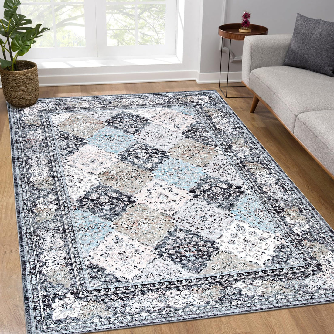 Tapis Garvee Boho, lavables et antidérapants, pour salon, salle à manger, chambre, cuisine, bleu, 120 x 170 cm