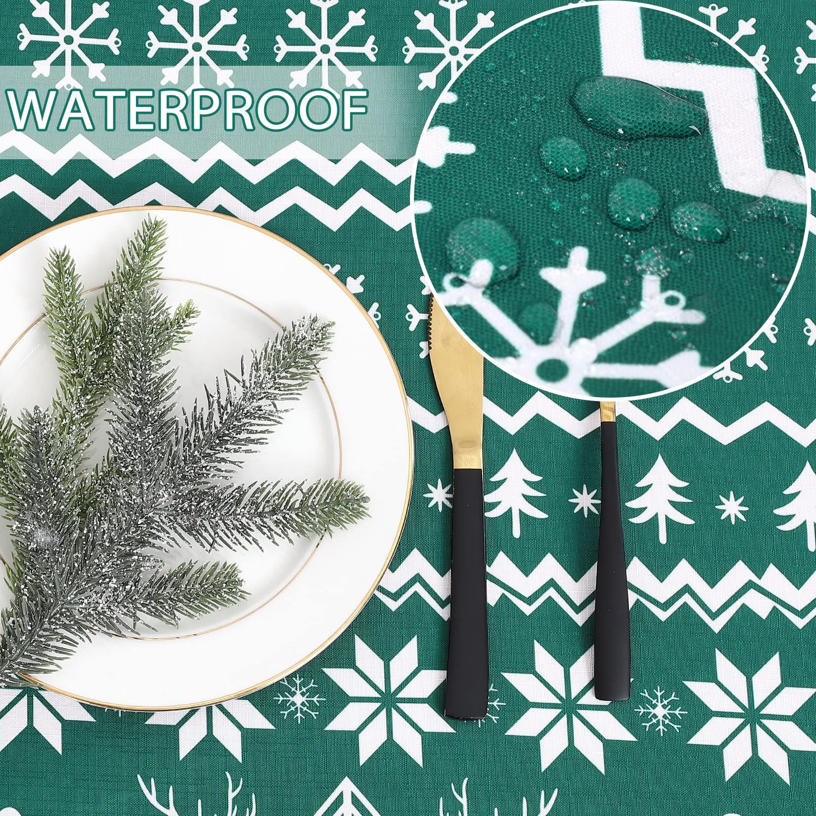 Nappe de Noël ronde Garvee 152 cm, verte, déperlante et antitache, 100 % polyester, motif flocons de neige et rennes, idéale pour les fêtes de Noël et la maison.