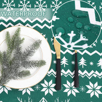 Nappe de Noël ronde Garvee 152 cm, verte, déperlante et antitache, 100 % polyester, motif flocons de neige et rennes, idéale pour les fêtes de Noël et la maison.