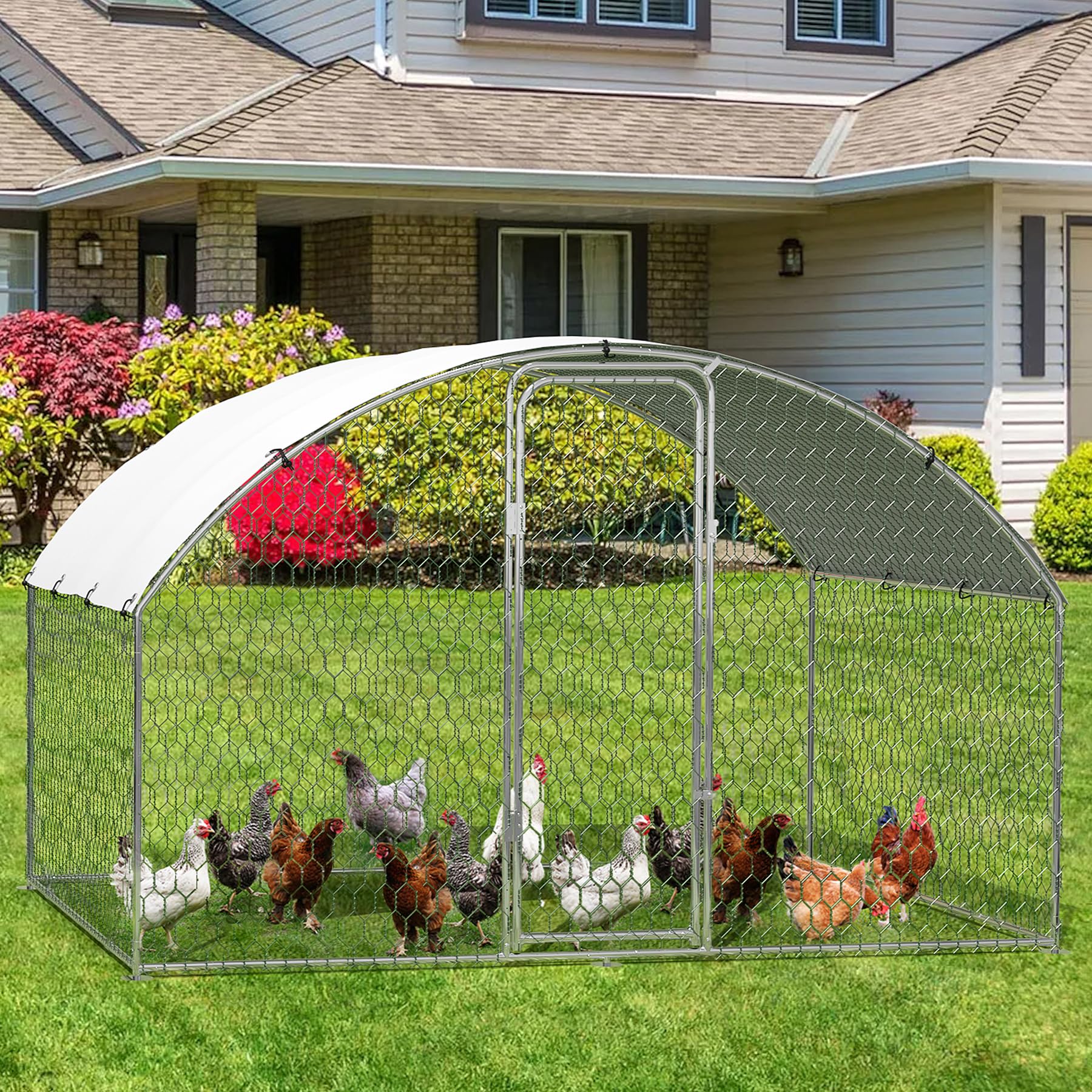 Poulailler métallique Garvee grand format avec toit en dôme, résistant aux intempéries et aux UV, structure en acier, porte verrouillable, idéal pour le jardin et la ferme, 3 x 2 x 2 m, gris