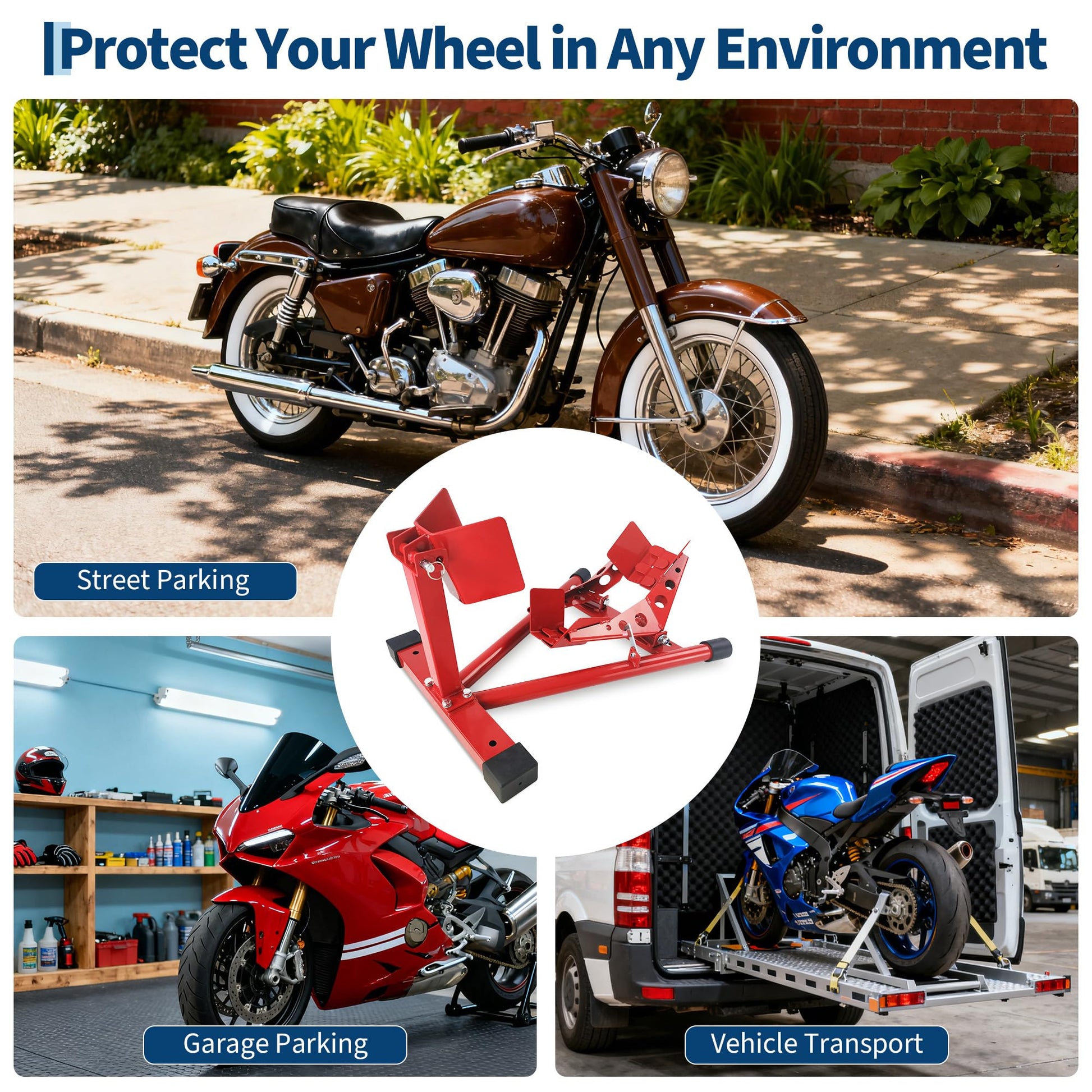 Cale et support universels pour roue de moto Garvee, capacité de charge de 680 kg, acier, pour pneus de 30 à 53 cm, garage et remorque, réglage rapide, protection anti-basculement