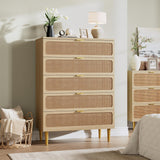 Garvee Commode En Rotin 5 Tiroirs Avec Pieds Métal Pour Chambre Salon Couloir Bois Naturel Grande Capacité - Naturel