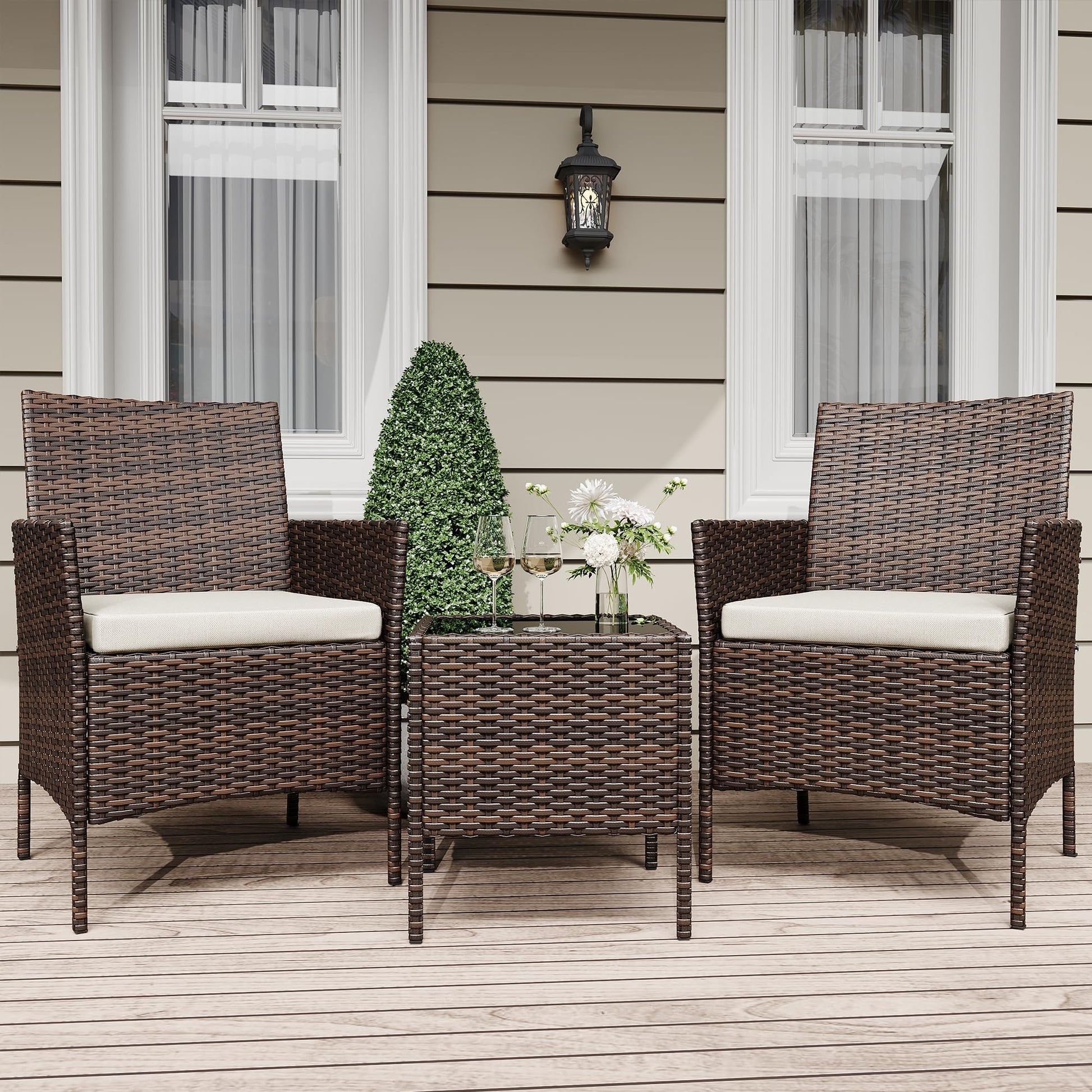 Ensemble de mobilier de jardin Garvee, 3 pièces, rotin PE, chaises ergonomiques, table en verre, résistant aux intempéries, marron-beige, balcon, jardin