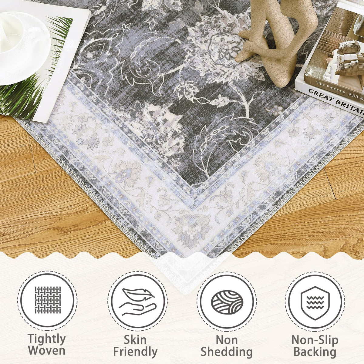 Tapis vintage Garvee, grand format 200 x 290 cm, résistant à l'eau et aux taches, antidérapant, motif poules, gris foncé, lavable en machine, intérieur et extérieur.