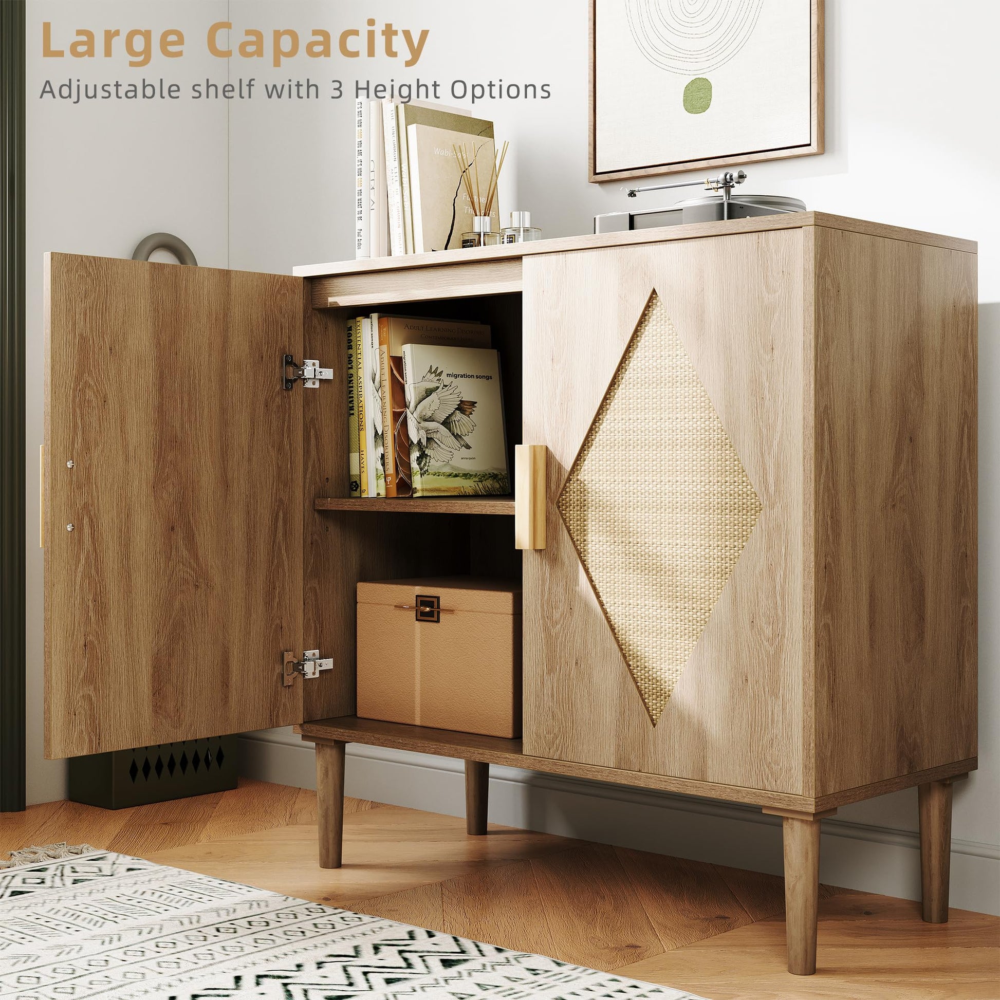 Buffet Garvee avec rangement, décor en rotin, 2 portes, meuble de rangement en bois naturel, salon, salle à manger, naturel