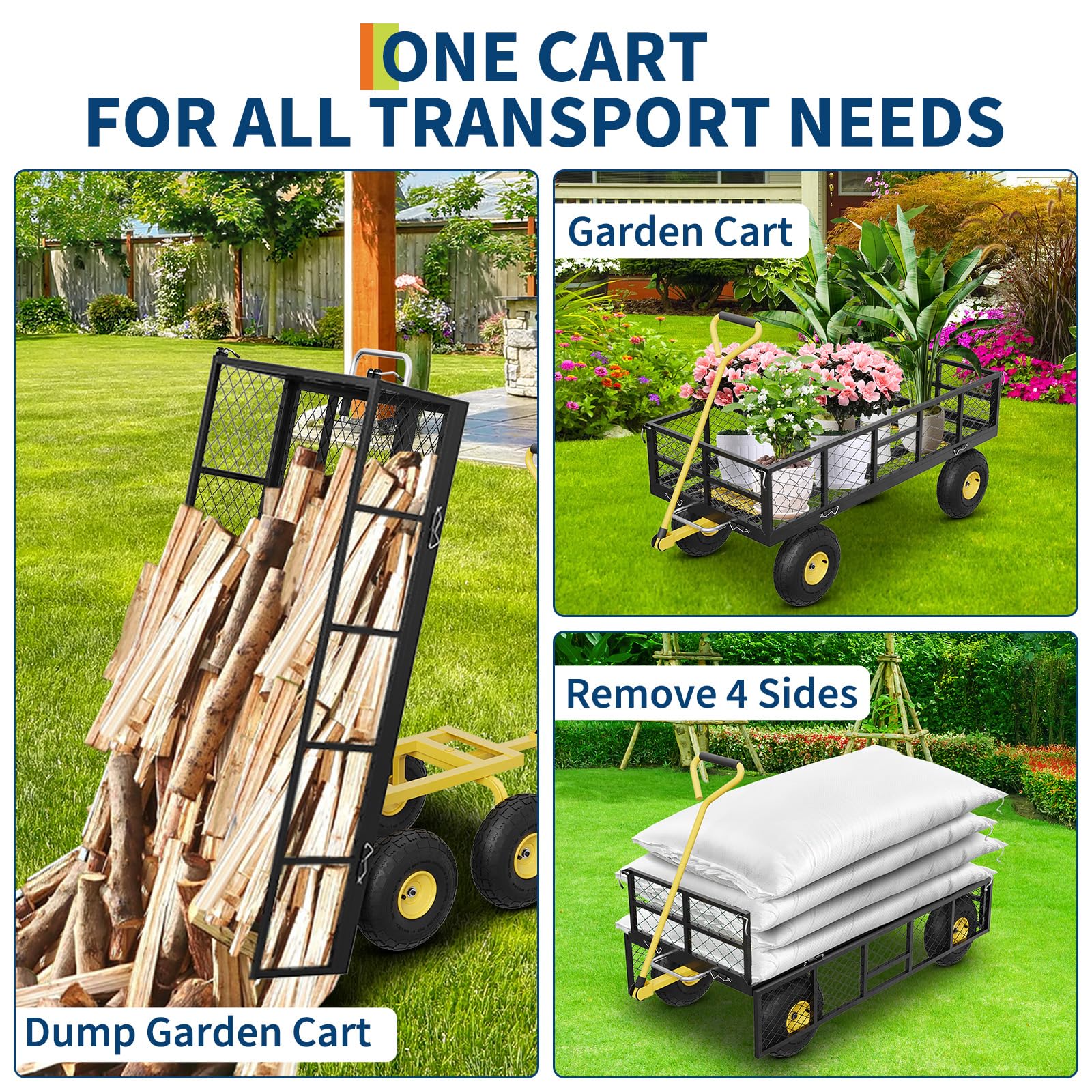 Garvee Chariot de jardin 408 kg avec parois amovibles, pneus 25 cm, structure acier robuste et poignée rotative 180°, pour jardin et ferme