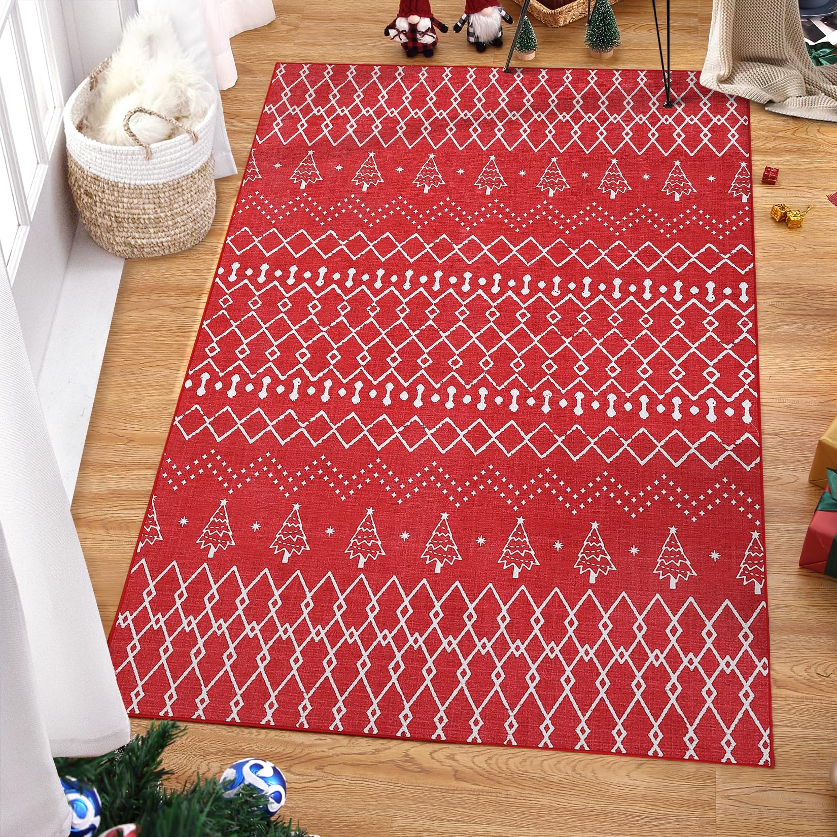 Tapis de Noël Garvee, géométrique, lavable, antidérapant, résistant à l'eau et aux taches, envers en polyester TPR, 140 x 200 cm, salon, festif