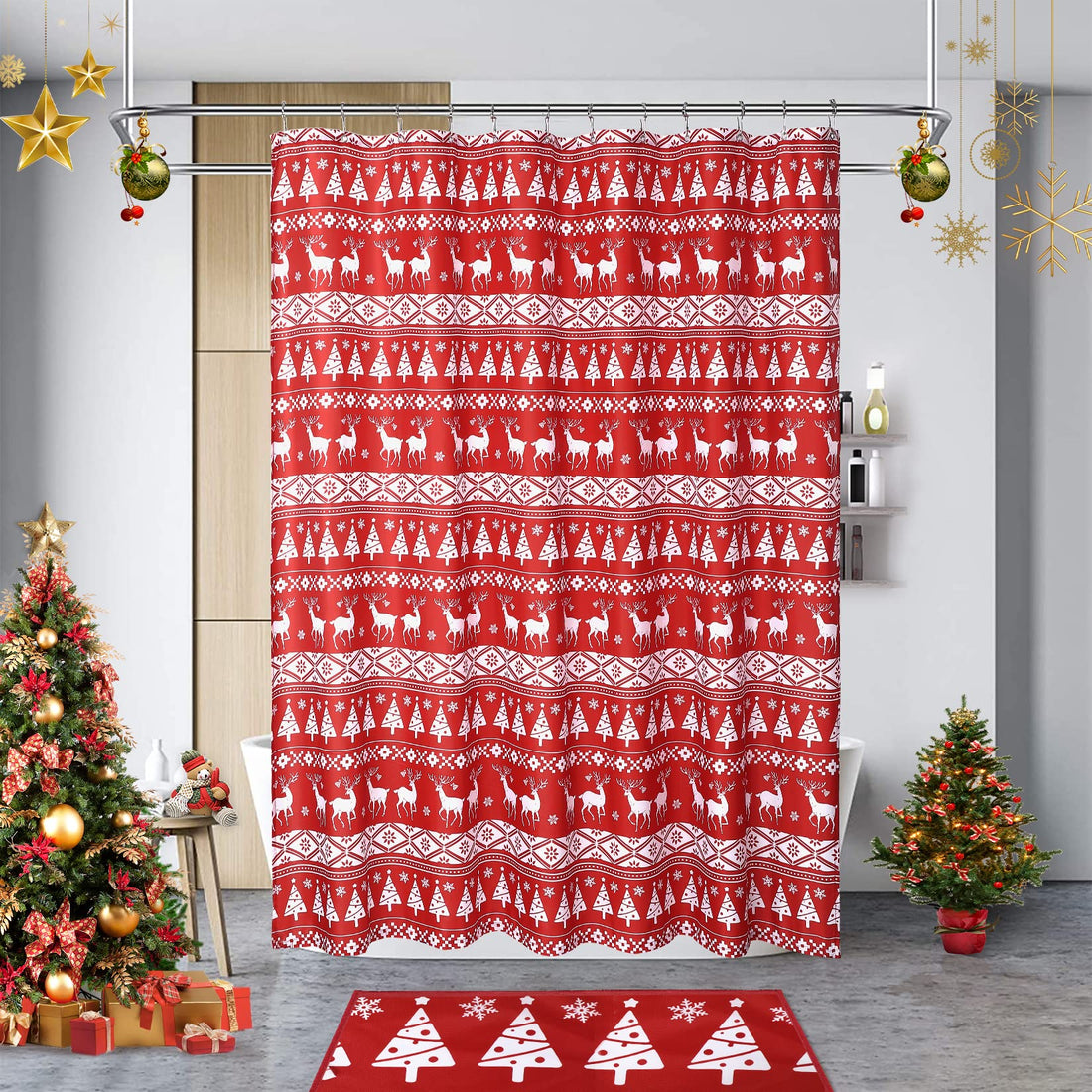 Rideau de douche Garvee Noël avec motif sapin et cerf, imperméable, magnétique, 89 x 183 cm, rouge et blanc, décoration de salle de bain
