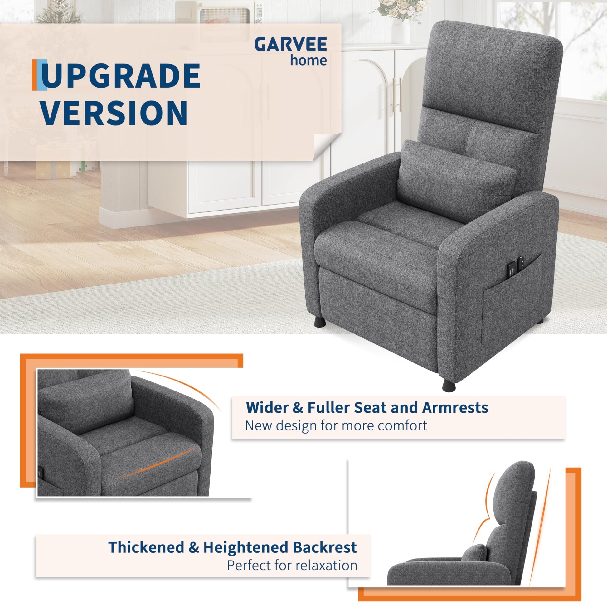 Garvee Fauteuil Inclinable Électrique avec Massage et Chauffage, Repose-pieds, Tissu Épais, pour Salon et Chambre, Inclinaison 105°-165°, Gris