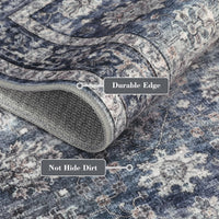 Tapis de couloir vintage lavable Garvee 60x230cm, antidérapant et doux, bleu, facile d'entretien et durable.
